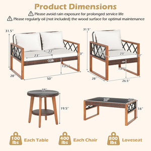 5 Pieces PE Wicker Patio Furniture Set with Acacia Wood Frame