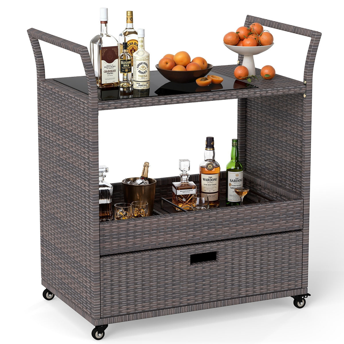 Outdoor Wicker Bar Cart Table with Tempered Glass Top