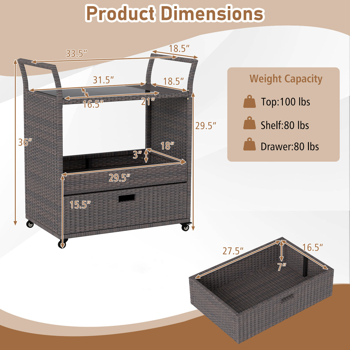 Outdoor Wicker Bar Cart Table with Tempered Glass Top