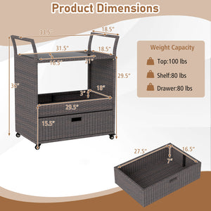 Outdoor Wicker Bar Cart Table with Tempered Glass Top