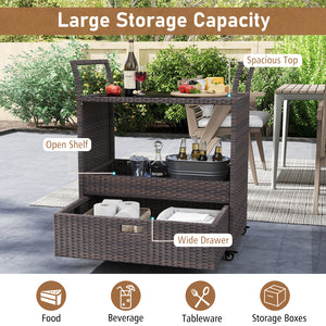 Outdoor Wicker Bar Cart Table with Tempered Glass Top