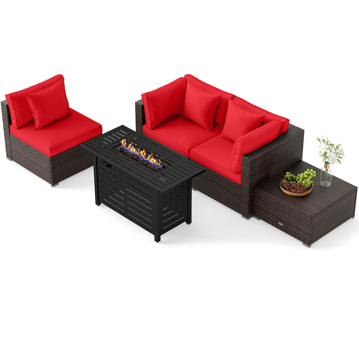 Heavy-duty Frame Rattan Sofa Set with 60000 BTU Firepit Table-Red