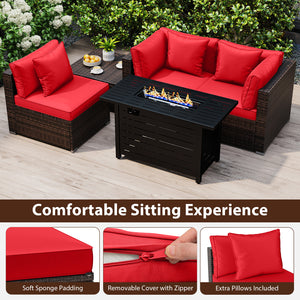 Heavy-duty Frame Rattan Sofa Set with 60000 BTU Firepit Table-Red