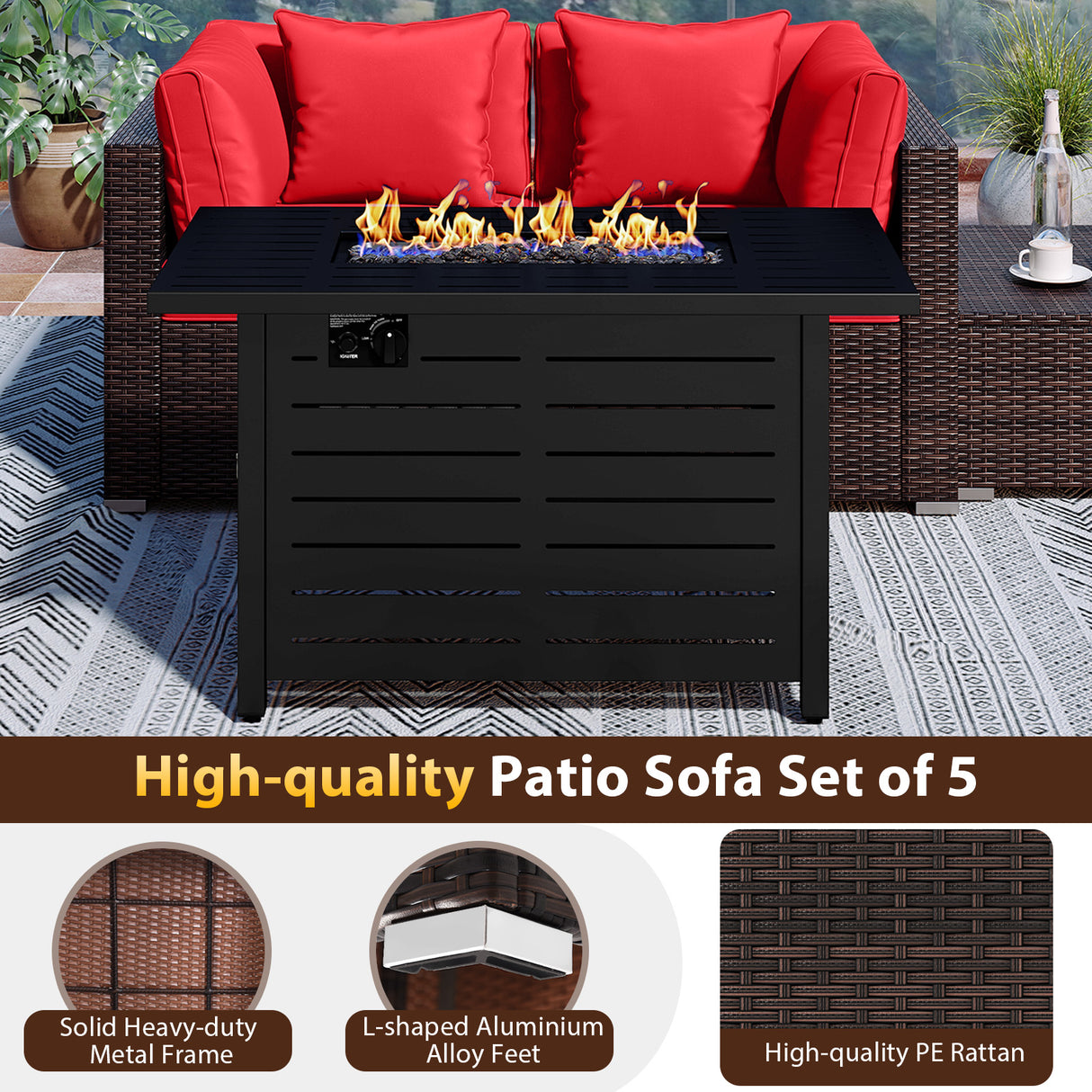 Heavy-duty Frame Rattan Sofa Set with 60000 BTU Firepit Table-Red