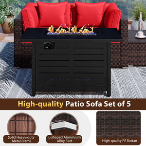 Heavy-duty Frame Rattan Sofa Set with 60000 BTU Firepit Table-Red