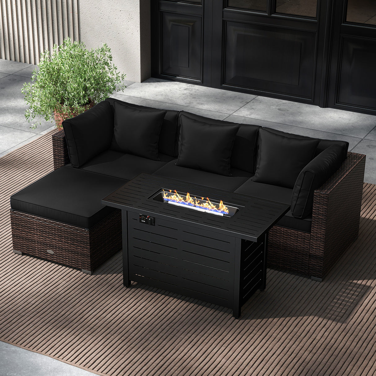 Heavy-duty Frame Rattan Sofa Set with 60000 BTU Firepit Table-Black