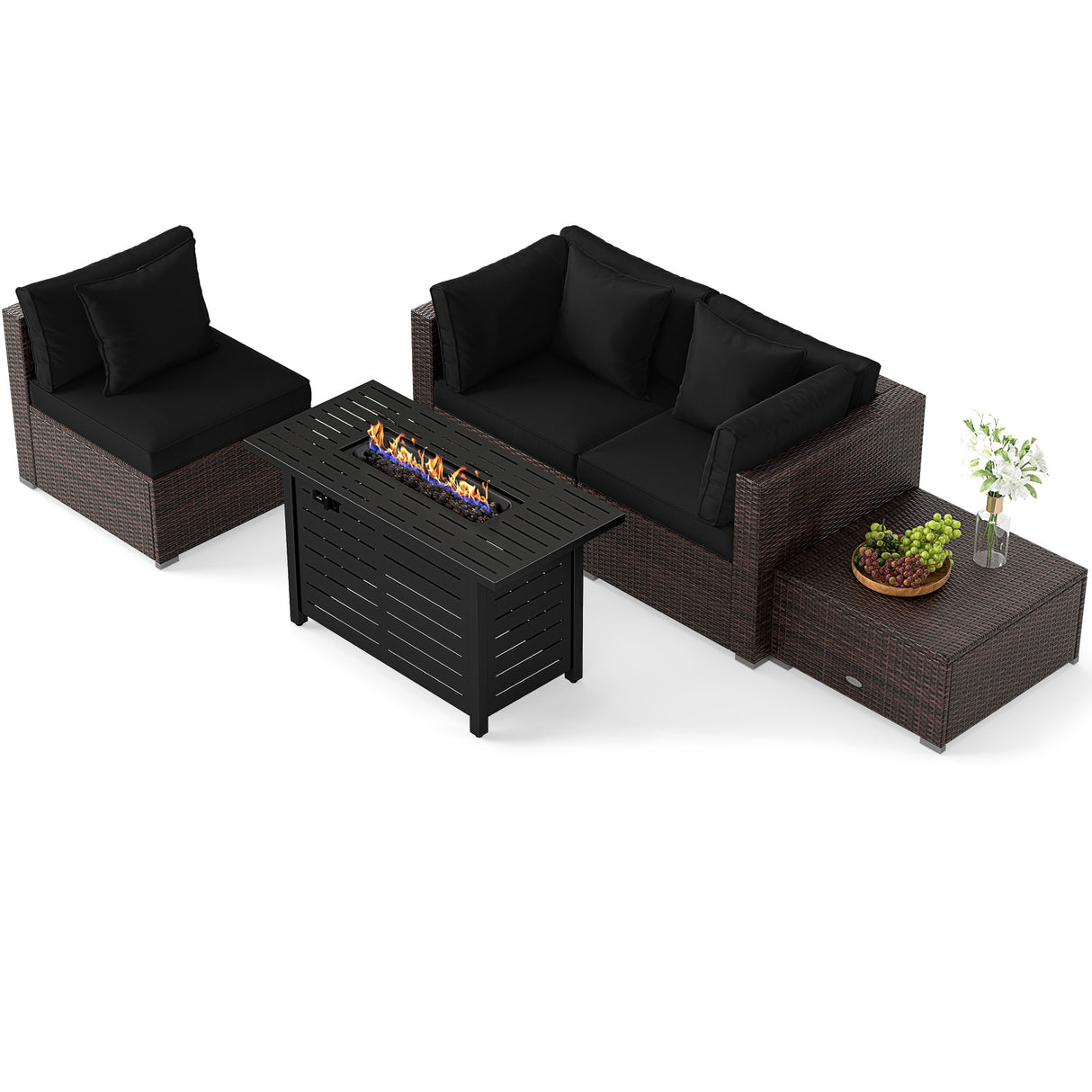 Heavy-duty Frame Rattan Sofa Set with 60000 BTU Firepit Table-Black