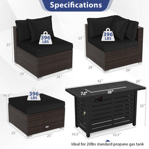 Heavy-duty Frame Rattan Sofa Set with 60000 BTU Firepit Table-Black