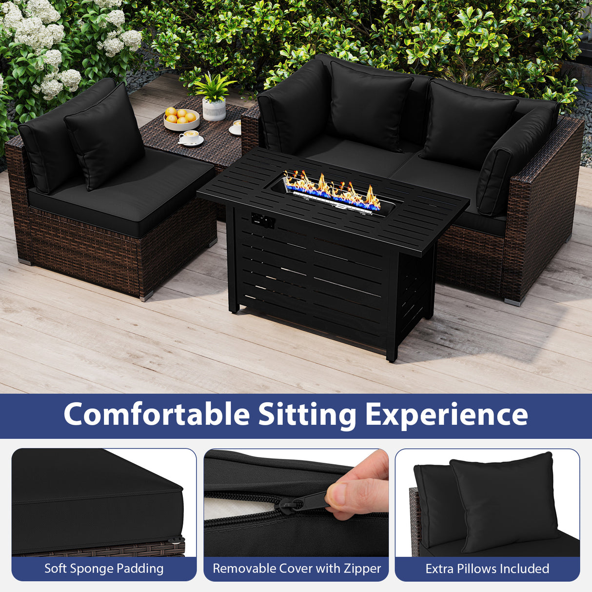 Heavy-duty Frame Rattan Sofa Set with 60000 BTU Firepit Table-Black