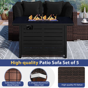 Heavy-duty Frame Rattan Sofa Set with 60000 BTU Firepit Table-Black