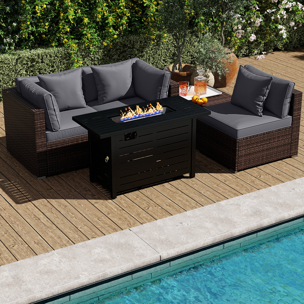 Heavy-duty Frame Rattan Sofa Set with 60000 BTU Firepit Table-Gray