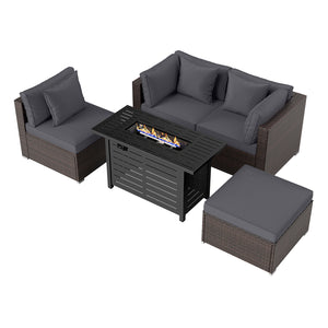 Heavy-duty Frame Rattan Sofa Set with 60000 BTU Firepit Table-Gray