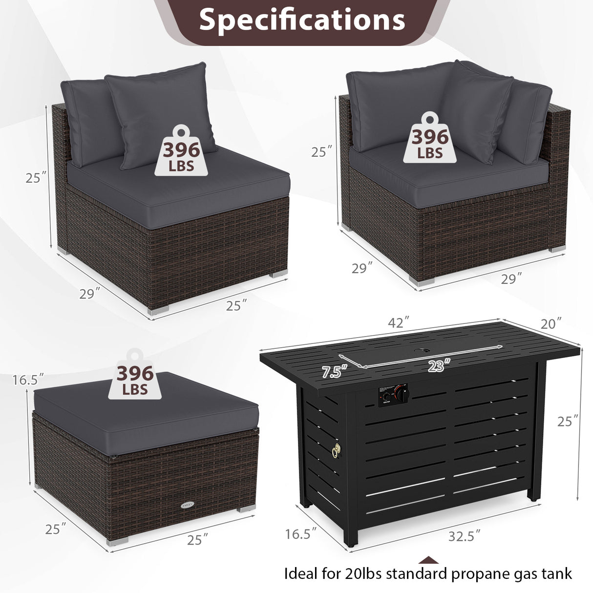 Heavy-duty Frame Rattan Sofa Set with 60000 BTU Firepit Table-Gray