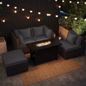Heavy-duty Frame Rattan Sofa Set with 60000 BTU Firepit Table-Gray