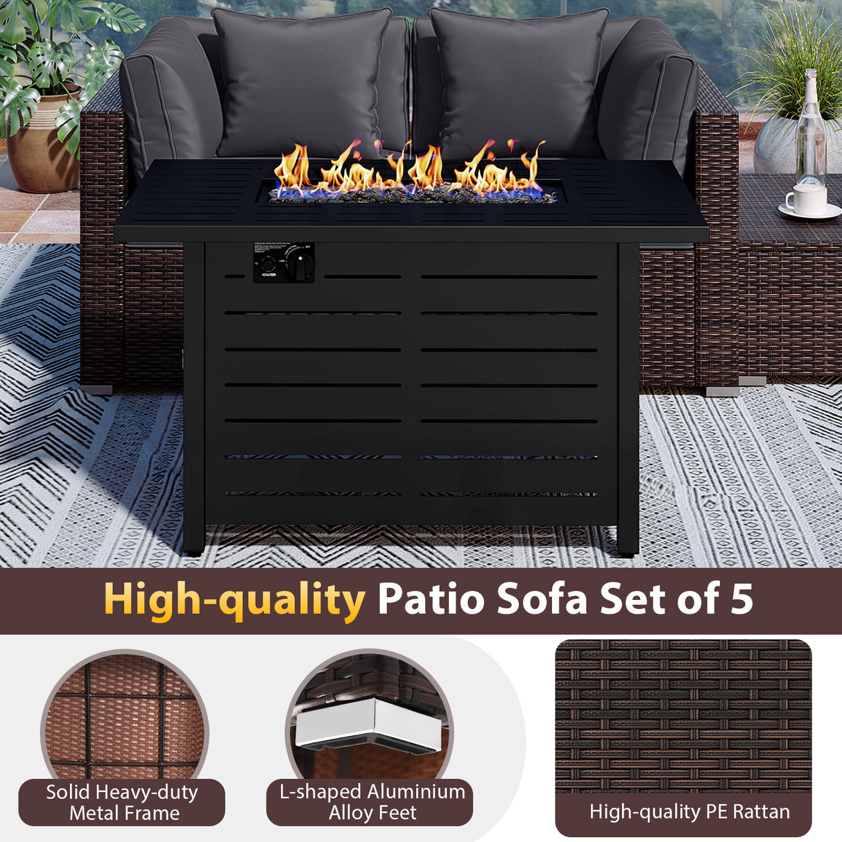 Heavy-duty Frame Rattan Sofa Set with 60000 BTU Firepit Table-Gray