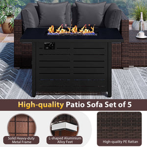 Heavy-duty Frame Rattan Sofa Set with 60000 BTU Firepit Table-Gray