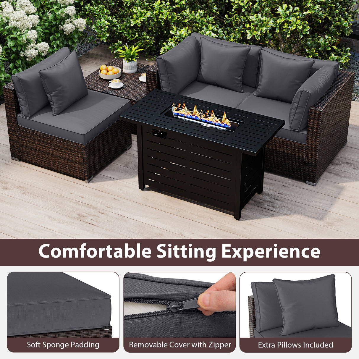 Heavy-duty Frame Rattan Sofa Set with 60000 BTU Firepit Table-Gray