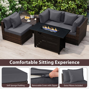 Heavy-duty Frame Rattan Sofa Set with 60000 BTU Firepit Table-Gray