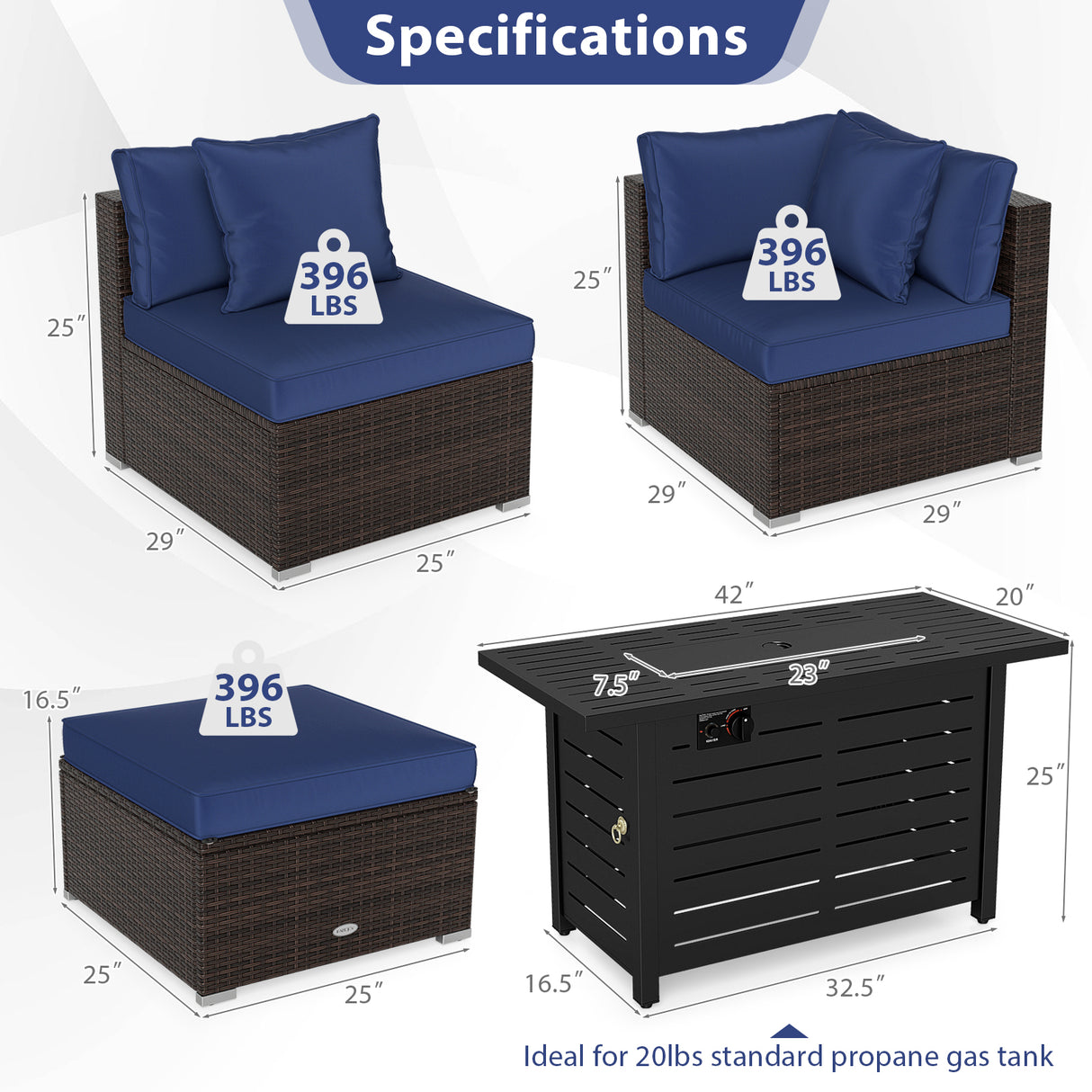 Heavy-duty Frame Rattan Sofa Set with 60000 BTU Firepit Table-Navy
