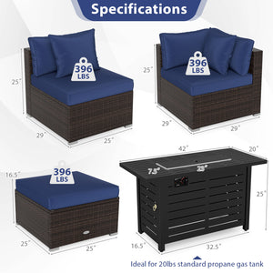 Heavy-duty Frame Rattan Sofa Set with 60000 BTU Firepit Table-Navy