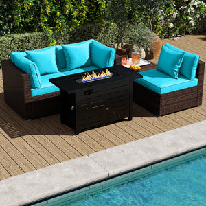 Heavy-duty Frame Rattan Sofa Set with 60000 BTU Firepit Table-Turquoise