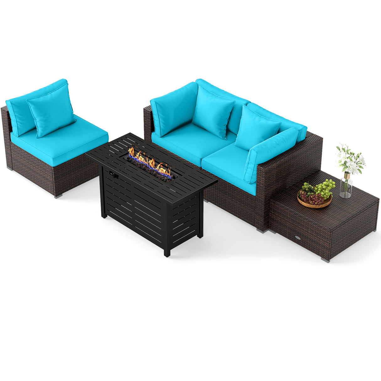 Heavy-duty Frame Rattan Sofa Set with 60000 BTU Firepit Table-Turquoise