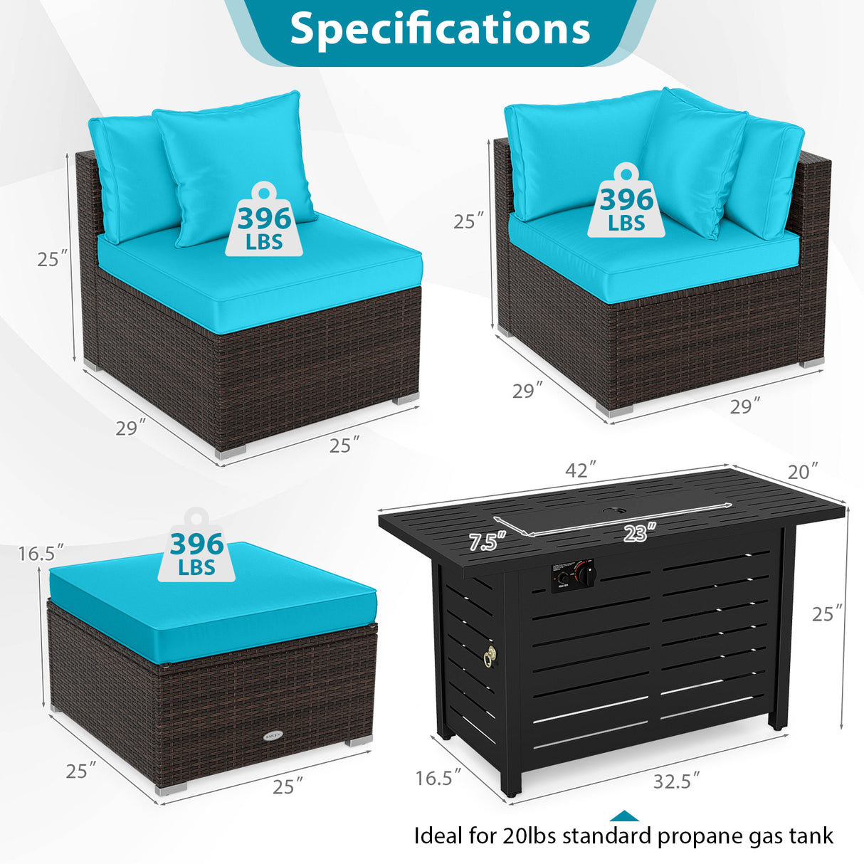 Heavy-duty Frame Rattan Sofa Set with 60000 BTU Firepit Table-Turquoise