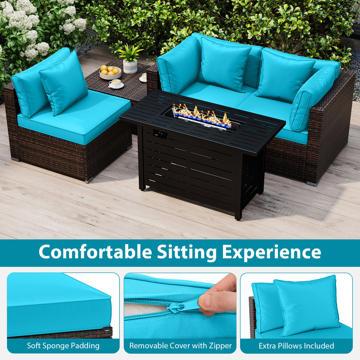 Heavy-duty Frame Rattan Sofa Set with 60000 BTU Firepit Table-Turquoise