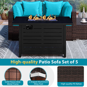 Heavy-duty Frame Rattan Sofa Set with 60000 BTU Firepit Table-Turquoise