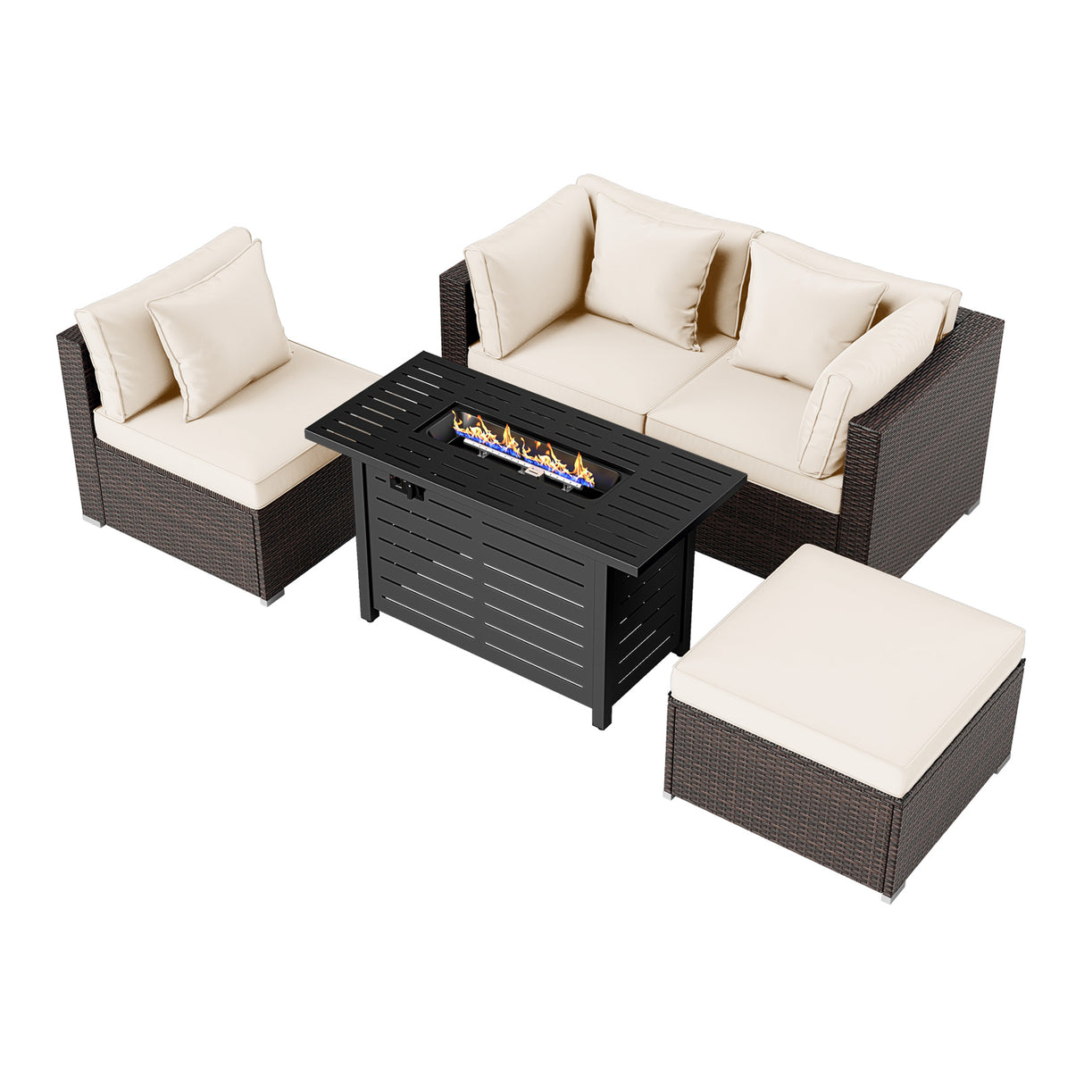 Heavy-duty Frame Rattan Sofa Set with 60000 BTU Firepit Table-Off White