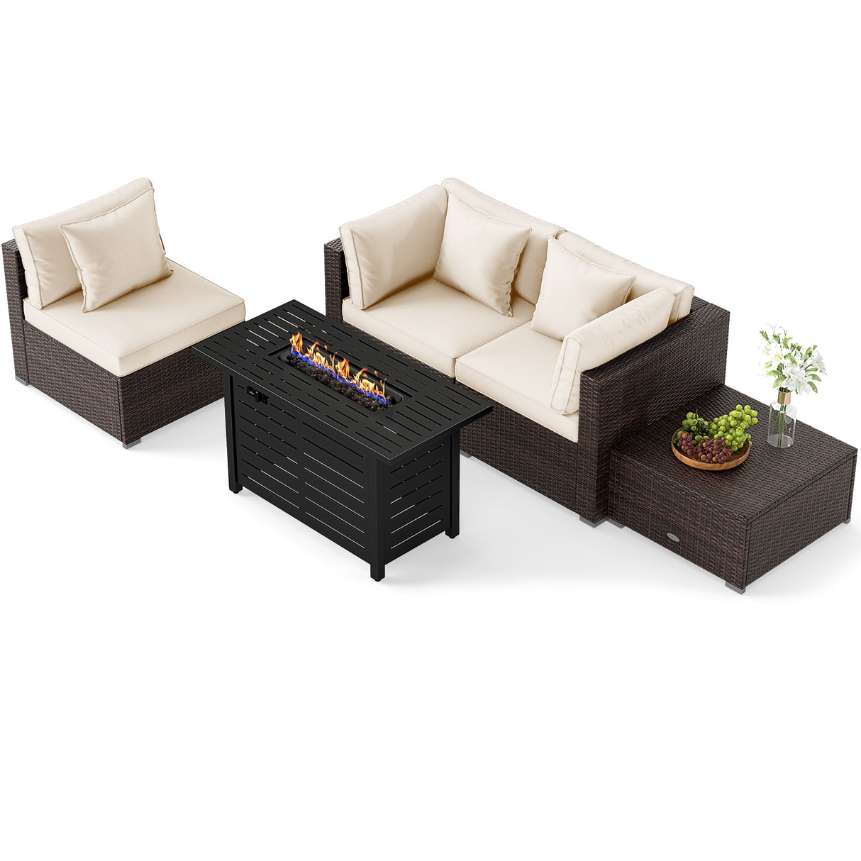 Heavy-duty Frame Rattan Sofa Set with 60000 BTU Firepit Table-Off White
