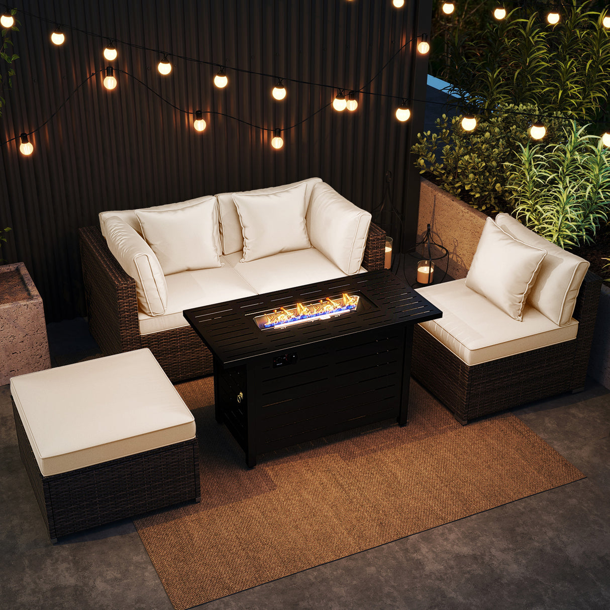 Heavy-duty Frame Rattan Sofa Set with 60000 BTU Firepit Table-Off White