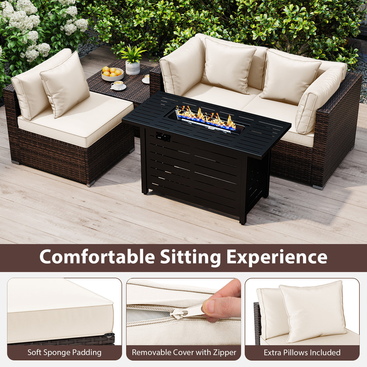 Heavy-duty Frame Rattan Sofa Set with 60000 BTU Firepit Table-Off White