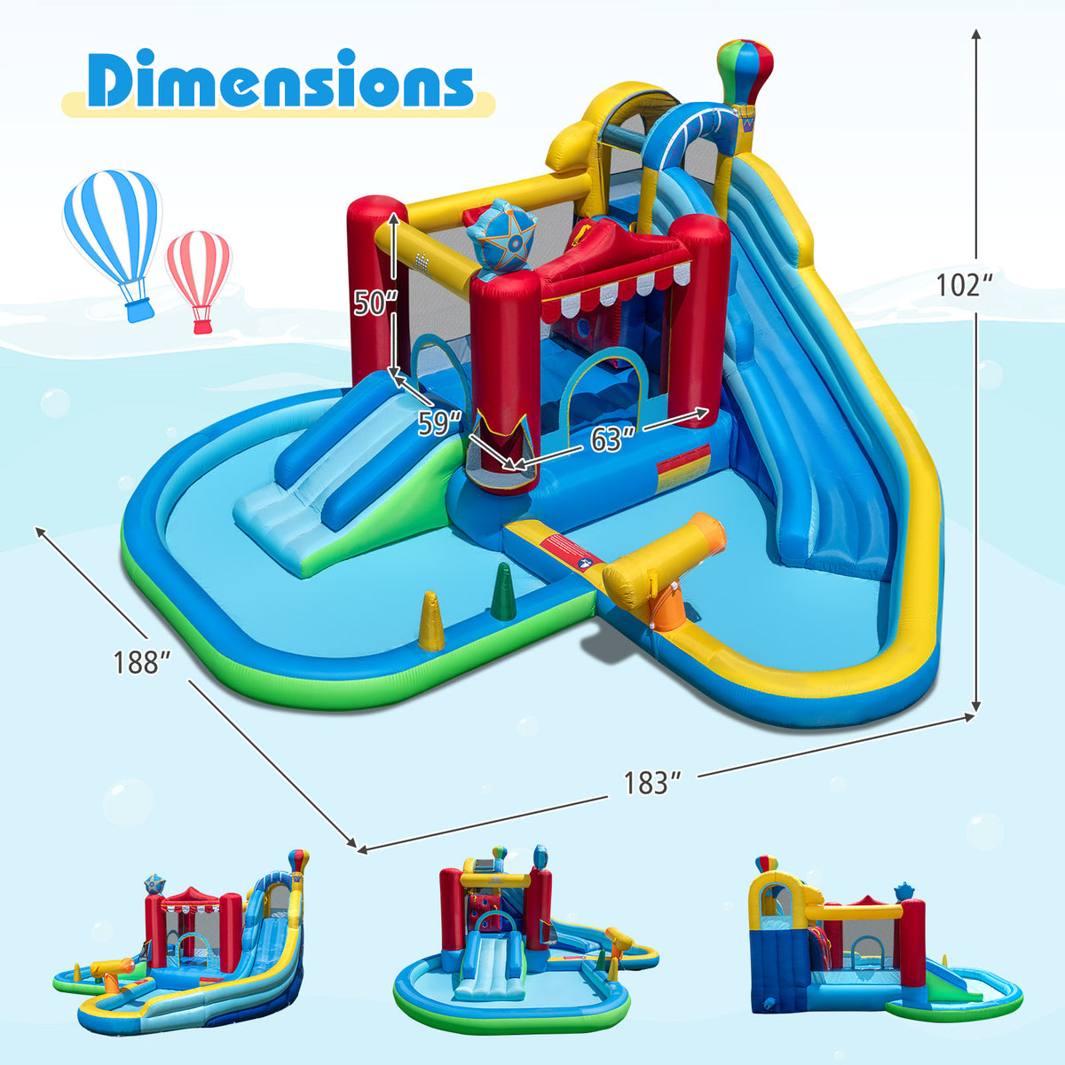 Inflatable Water Park with Splash Pool  50 Ocean Balls and 750W Blower
