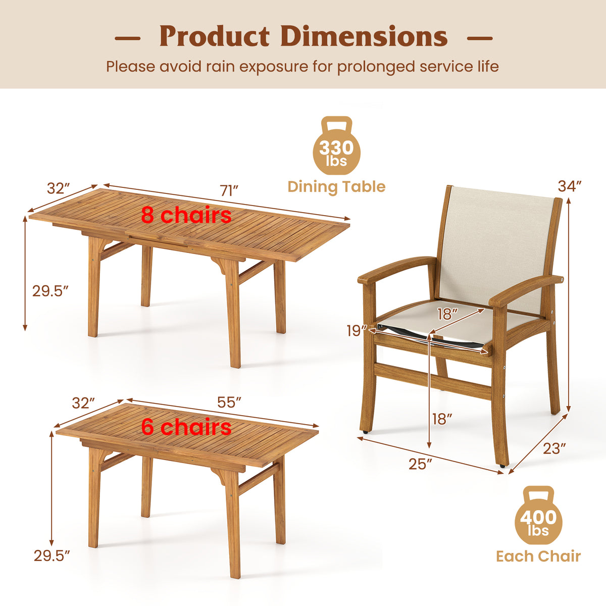 9 Pieces Outdoor Acacia Wood Patio Dining Set for 6-8-Yellow