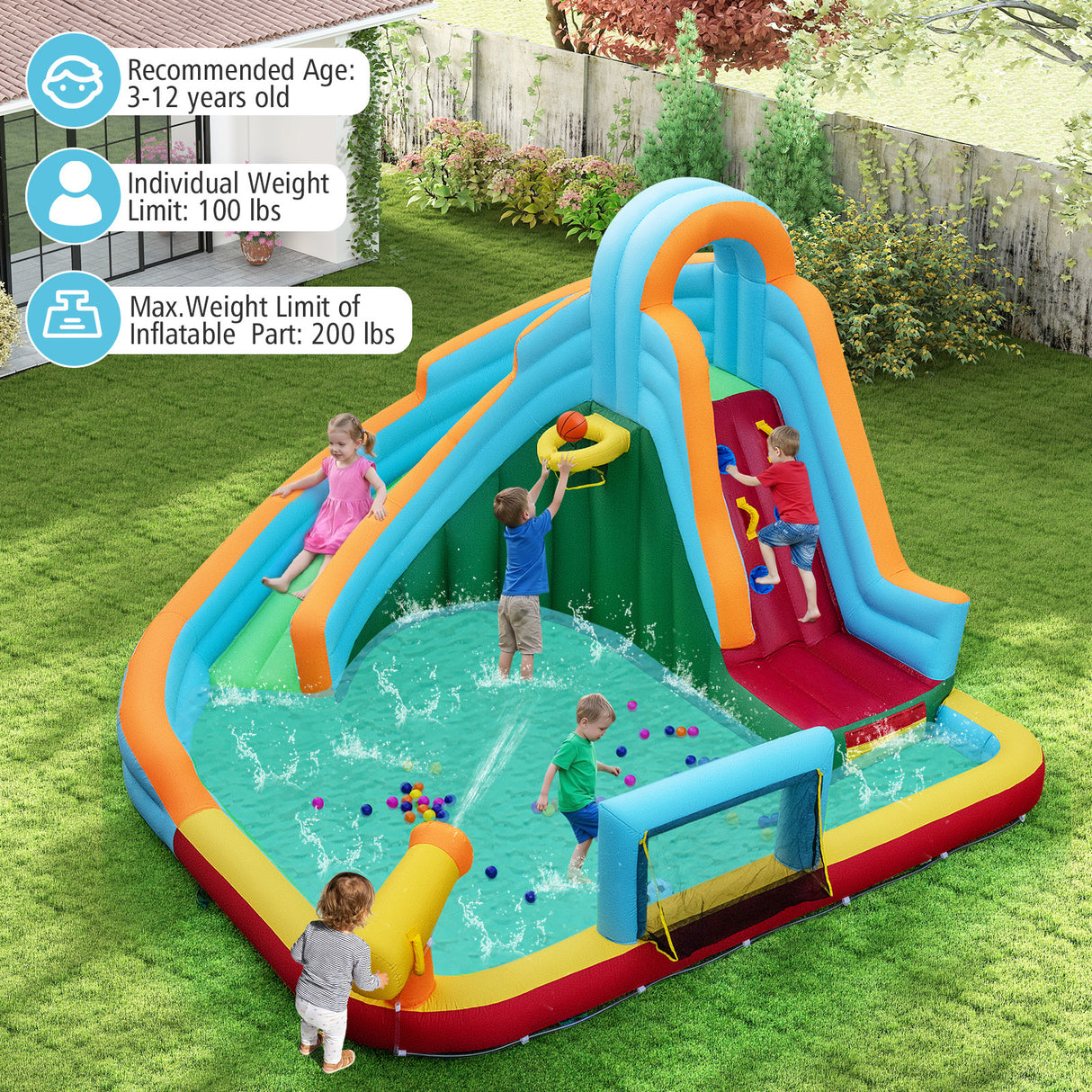Inflatable Water Slide Park 6-in-1 Giant Bounce House without Blower