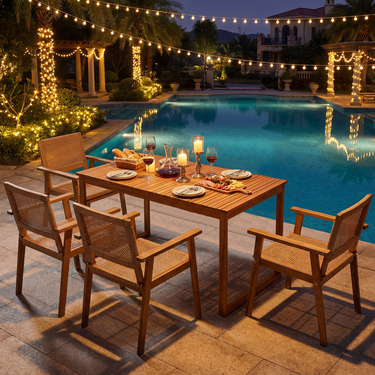 5 Pieces Acacia Wood Dining Set with Outdoor Table and Rattan Chairs for 4 Persons
