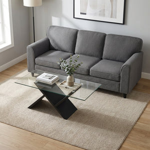 Contemporary Living Room Furniture Suite: Modern 3-Seat Teddy Velvet Sofa + 47-Inch Glass Coffee Table