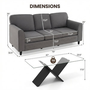 Contemporary Living Room Furniture Suite: Modern 3-Seat Teddy Velvet Sofa + 47-Inch Glass Coffee Table