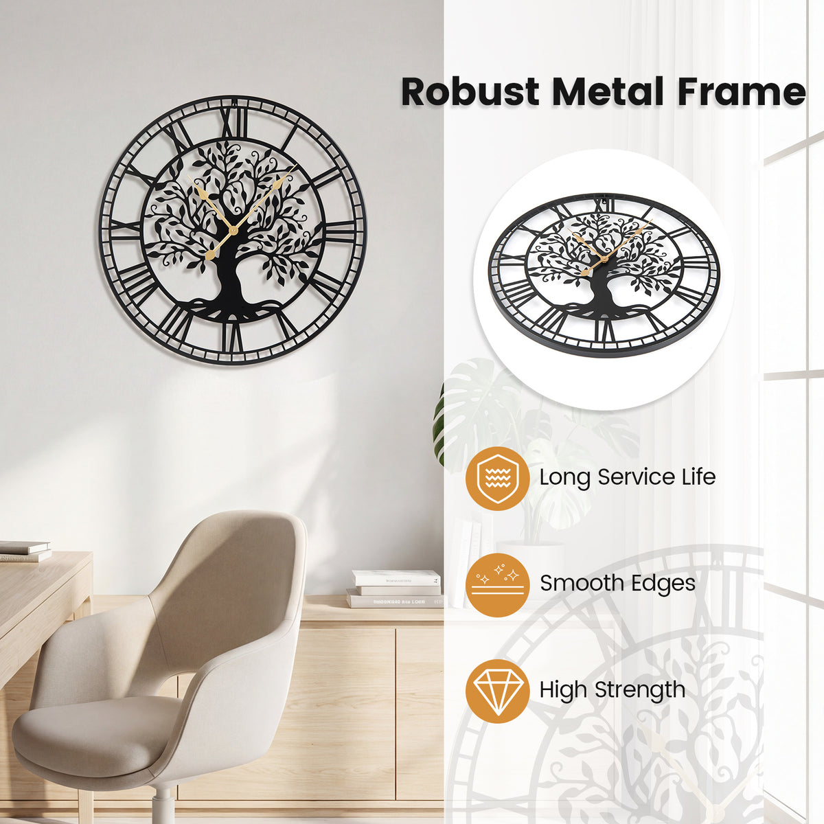Large Wall Clock 27 Inch Tree of Life Big Metal Wall Clock-Black