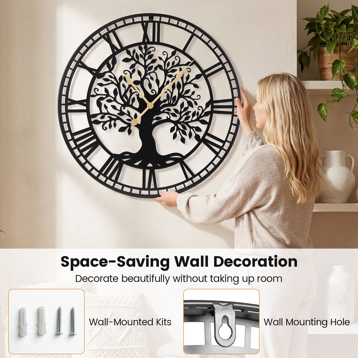 Large Wall Clock 27 Inch Tree of Life Big Metal Wall Clock-Black