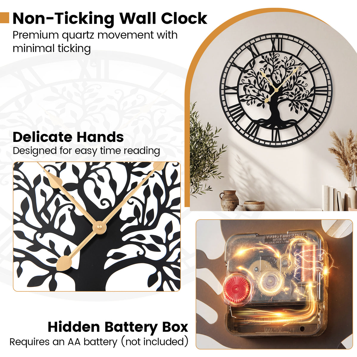 Large Wall Clock 27 Inch Tree of Life Big Metal Wall Clock-Black