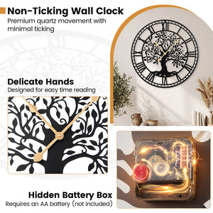 Large Wall Clock 27 Inch Tree of Life Big Metal Wall Clock-Black