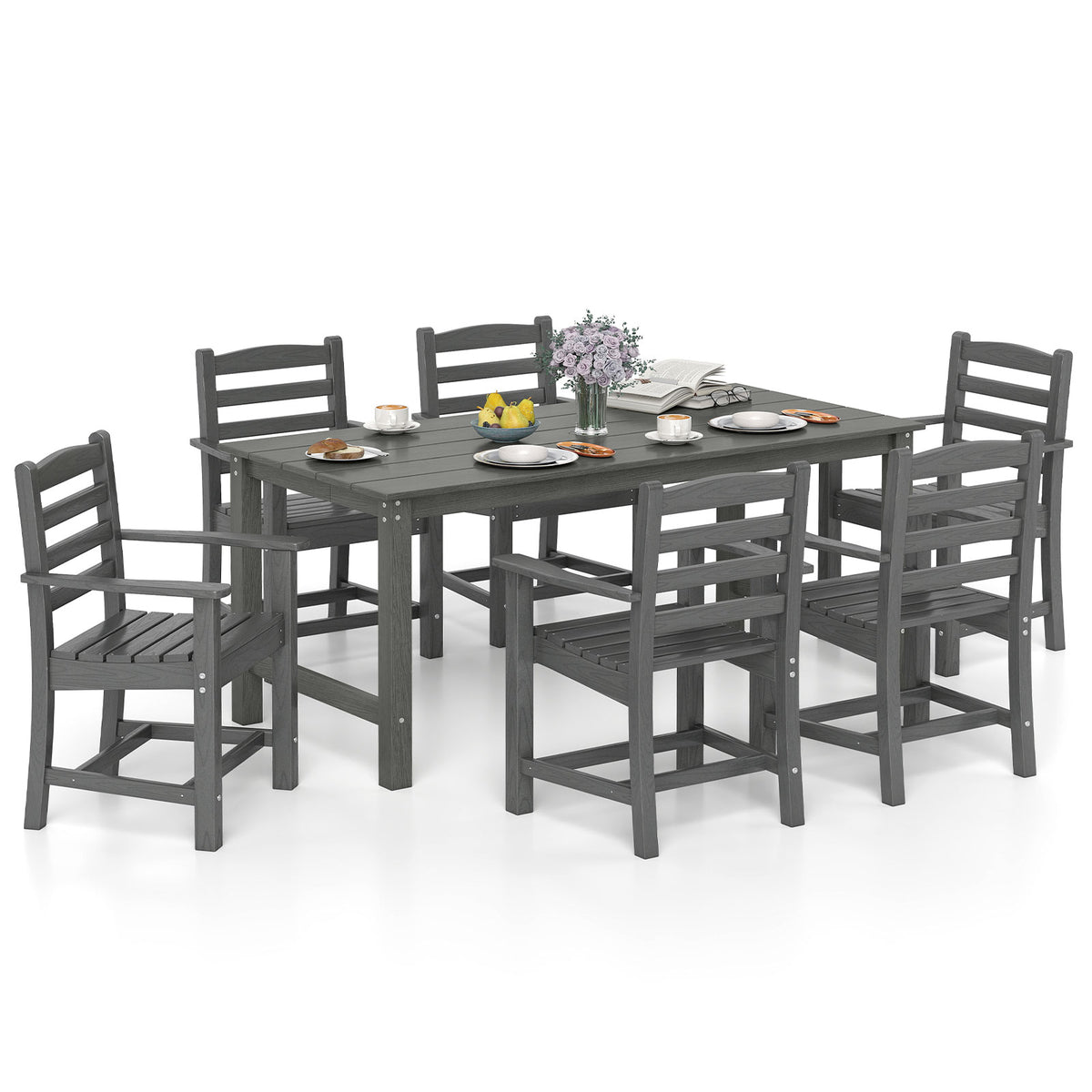 7 Pieces Outdoor Dining Table Set for 6 People 67 Inch HDPE Patio Rectangle Table and 6 Armchairs-Gray