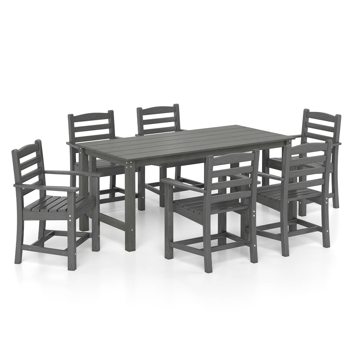 7 Pieces Outdoor Dining Table Set for 6 People 67 Inch HDPE Patio Rectangle Table and 6 Armchairs-Gray