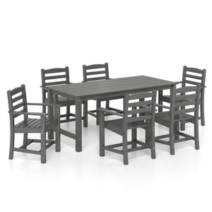 7 Pieces Outdoor Dining Table Set for 6 People 67 Inch HDPE Patio Rectangle Table and 6 Armchairs-Gray