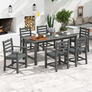 7 Pieces Outdoor Dining Table Set for 6 People 67 Inch HDPE Patio Rectangle Table and 6 Armchairs-Gray