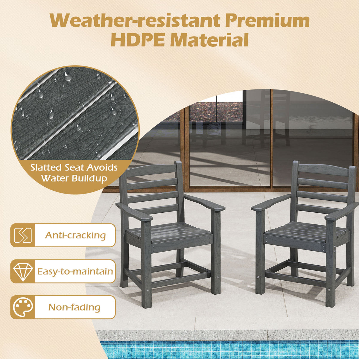 7 Pieces Outdoor Dining Table Set for 6 People 67 Inch HDPE Patio Rectangle Table and 6 Armchairs-Gray