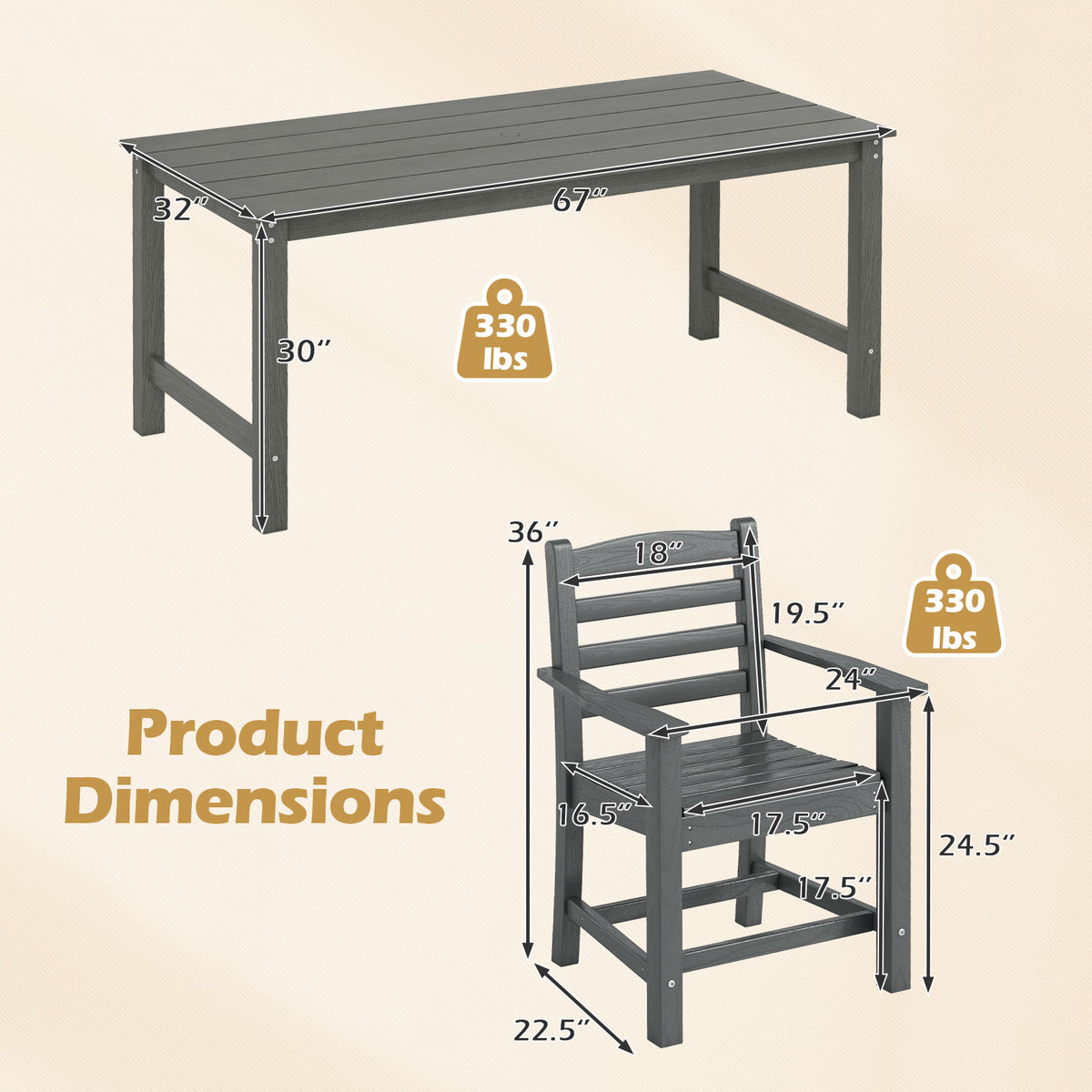 7 Pieces Outdoor Dining Table Set for 6 People 67 Inch HDPE Patio Rectangle Table and 6 Armchairs-Gray