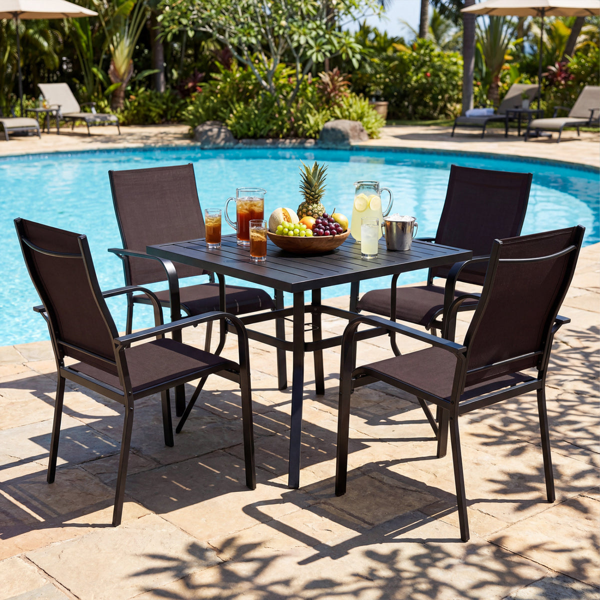5 Pieces Patio Dining Set for 4 Outdoor Square Table and Stackable Chairs-Brown